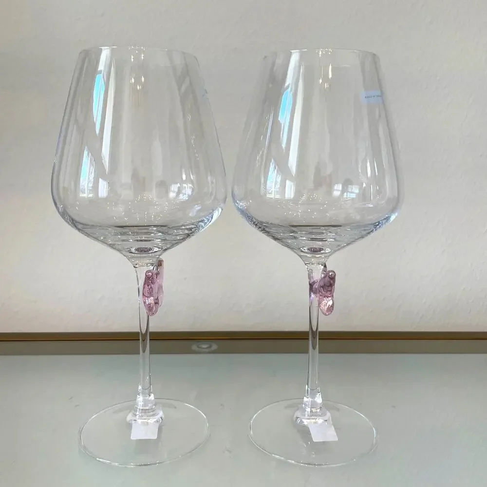 NEW Godinger Pink Butterfly Wine Glass Set of 2 Chic Barware
